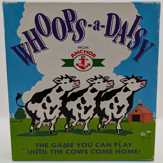"Whoops-a-Daisy (1981) game box featuring a farm-themed design, cow figurines, and the game logo highlighting its quirky and fun gameplay."