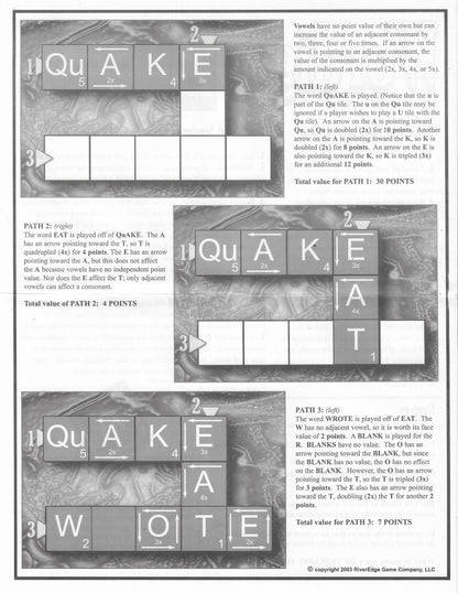 Wordigo (2007) rules show how to score points using vowels, consonants, and special tile bonuses.