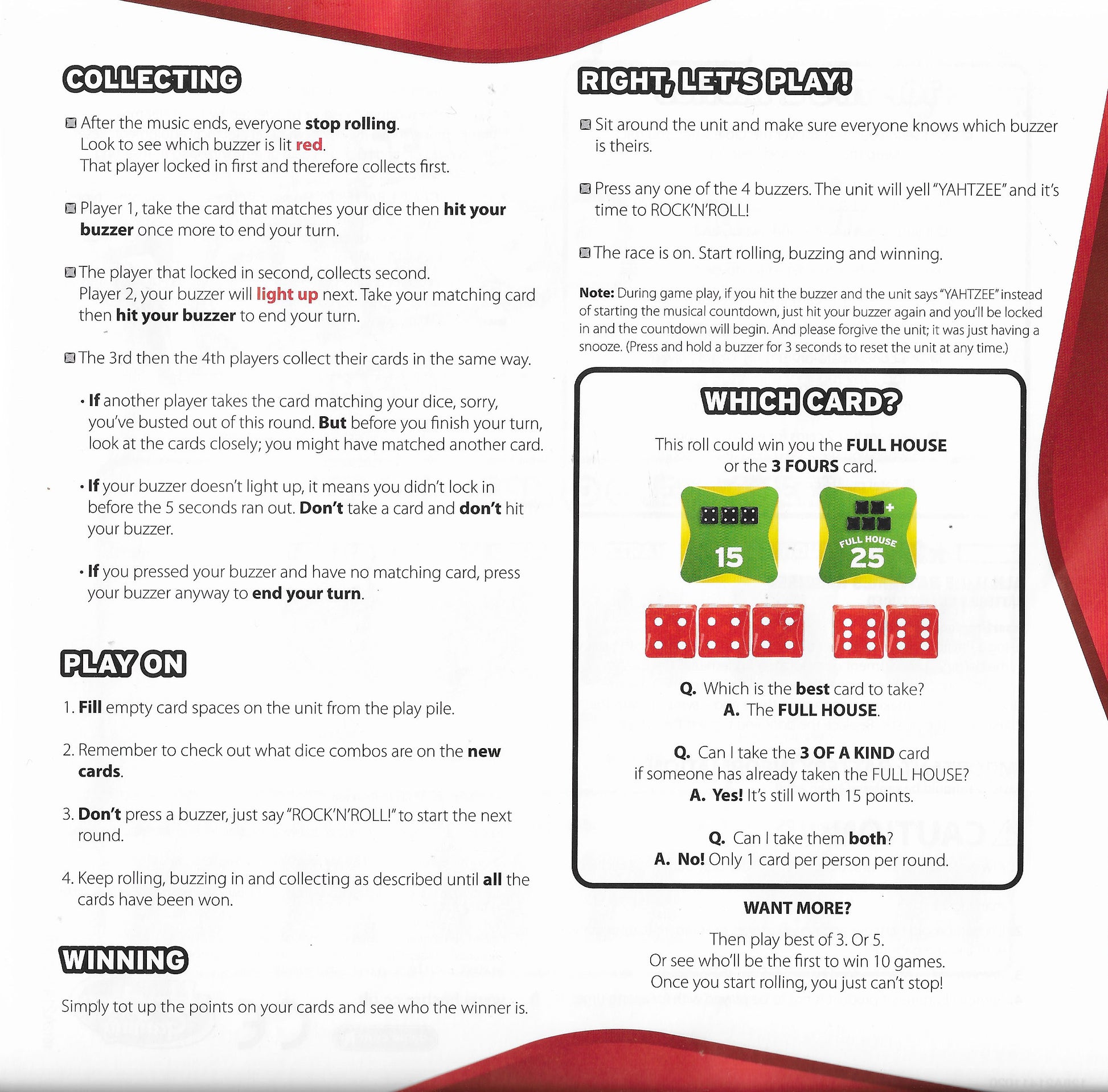 World Series of Yahtzee (2012) rules outline how points are collected and scored.