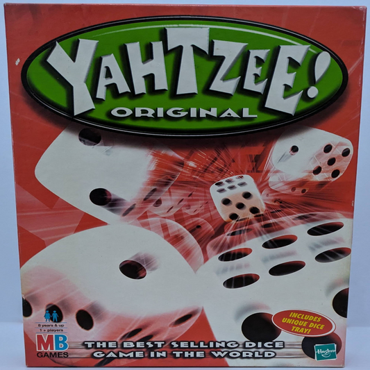 "Yahtzee game box featuring dice, scorecards, and the classic game logo highlighting timeless dice-rolling fun."