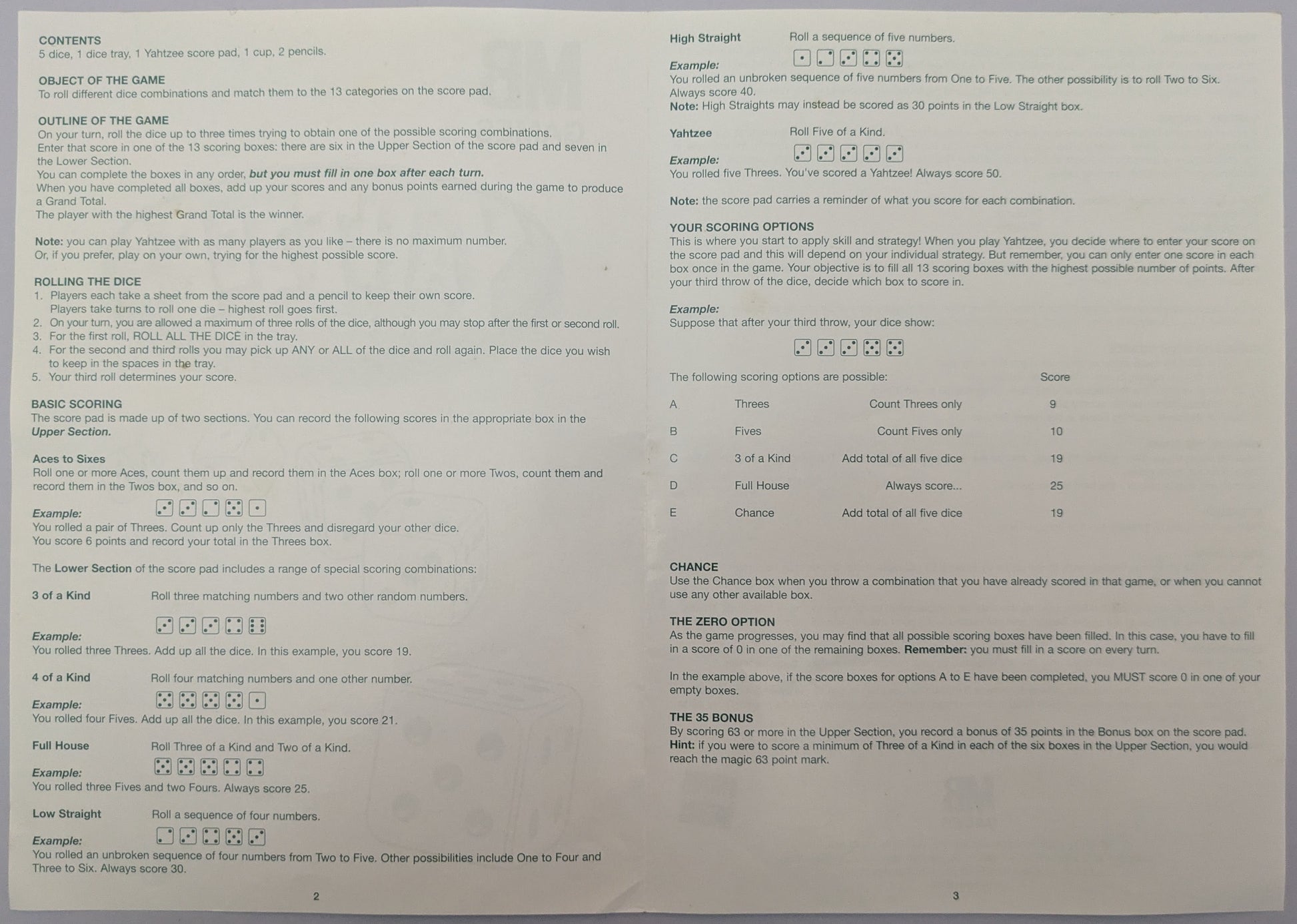 "Detailed Yahtzee gameplay guide explaining the 13 scoring categories, dice rolling rules, and scoring strategy tips."