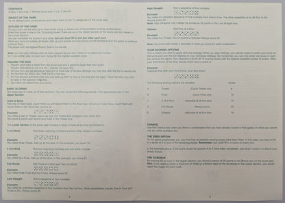 "Detailed Yahtzee gameplay guide explaining the 13 scoring categories, dice rolling rules, and scoring strategy tips."